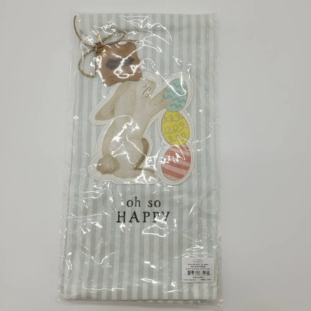 Mud Pie Towel Striped Tea Kitchen Easter Holiday Bunny Eggs Colorful Novelty NEW